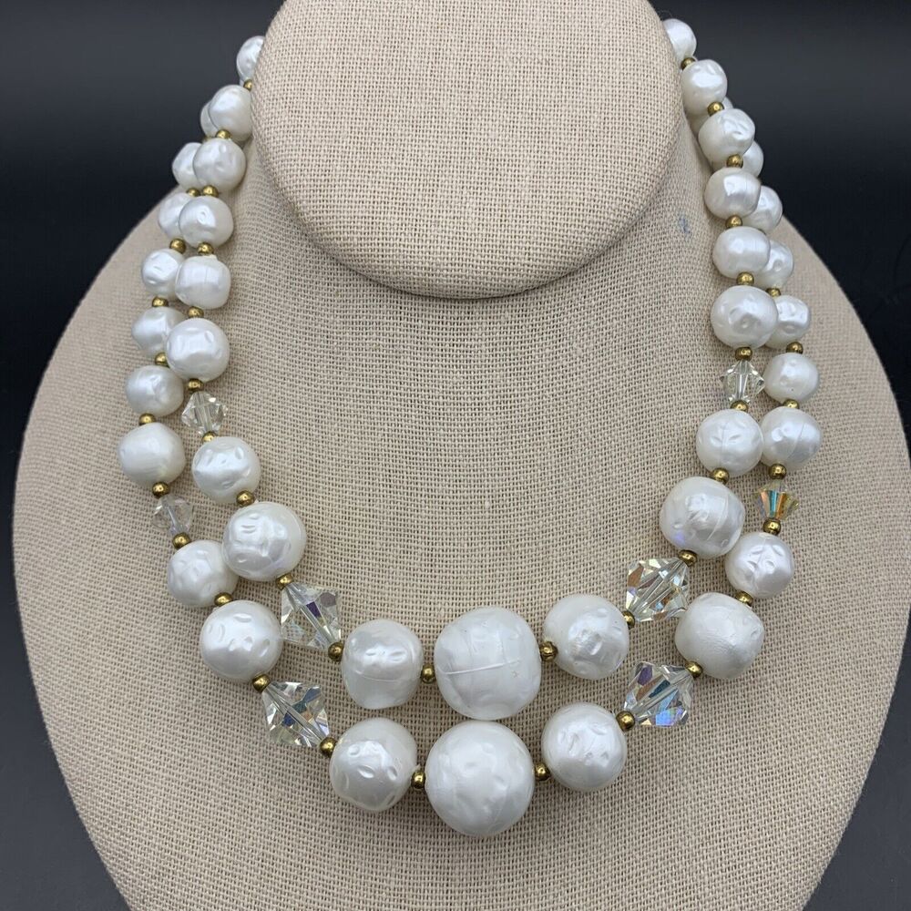 White Aurora Borealis Multi Strand Beaded Necklace Collar Mid Century Vintage